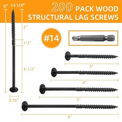 200Pcs Lag Screws #14 x 6 Inch Heavy Duty Structural Wood Screws Star Drive
