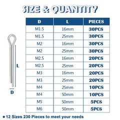 230PCS Cotter Pins Assortment Kit 304 Stainless Steel Split Pin.12 Sizes