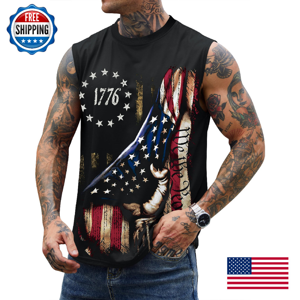 Mainfini Mens Fourth Of July Black 1776 American Flag Full Coverage Sleeveless
