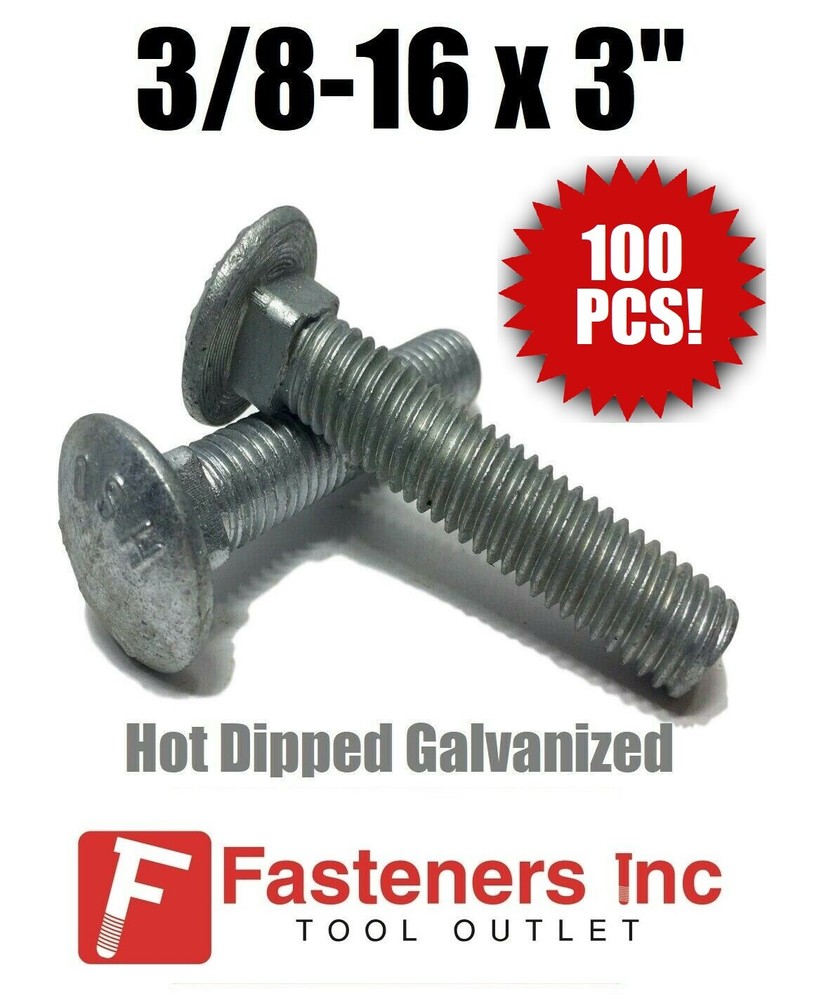 (QTY 100) 3/8-16 x 3″ Carriage Bolt Hot Dipped Galvanized A307