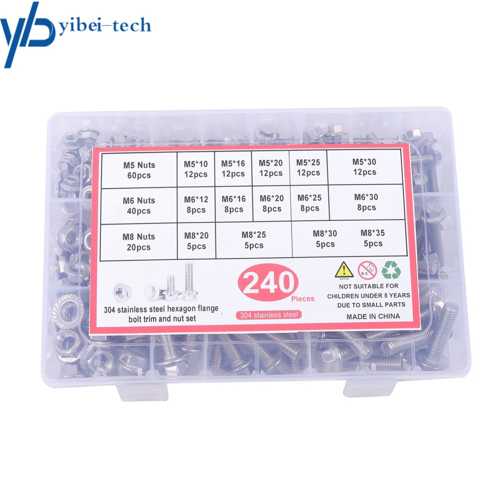 M5 M6 M8 Flanged Bolts and Nuts Kit 240 Pack 304 Stainless Metric Assortment