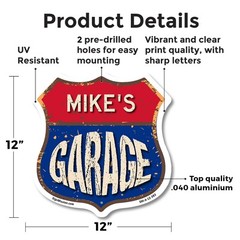 Mike’s Garage Shield Shaped Sign Weather Resistant Crafted in the USA