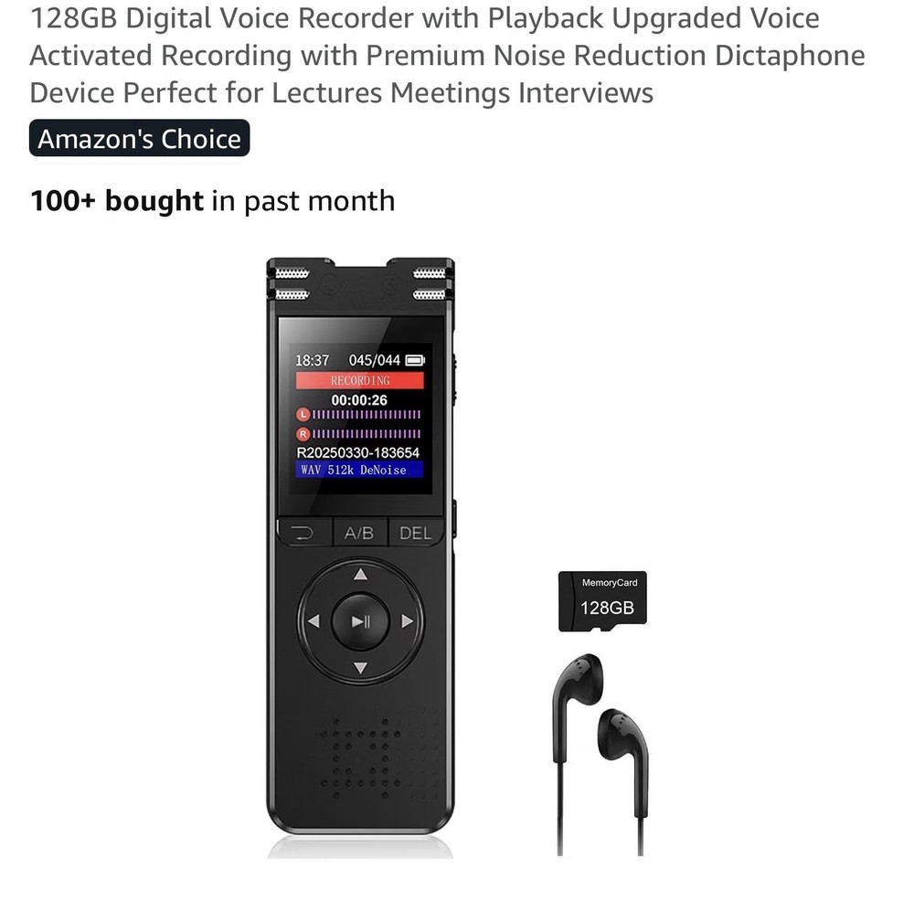 128GB Digital Voice Recorder with Playback & Upgraded Voice Activated Recording