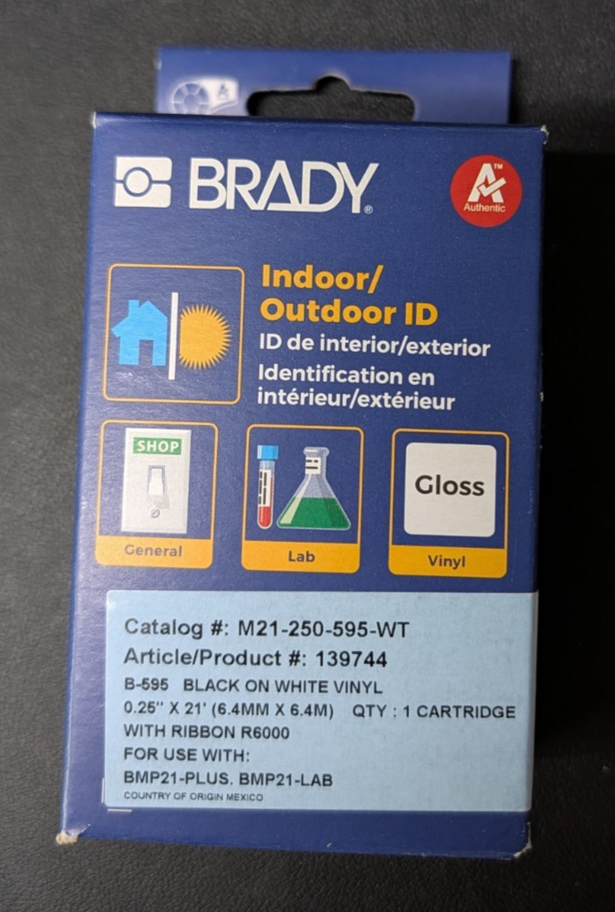 Brady M21-250-595-WT Label Cartridge Tape 139744 Black on White Vinyl BMP21 NEW
