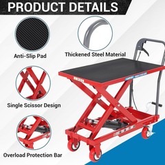 500Lbs Hydraulic Lift Table Cart 28.5in Height 4 Swivel Wheels Non-Slip Pad Use