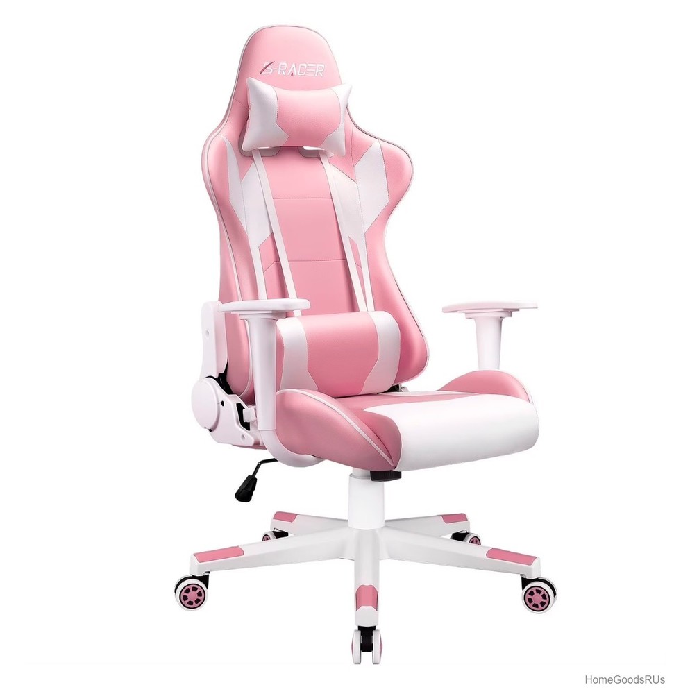 Pink Ergonomic Faux Leather Swivel Office Gaming Chair Adjustable 20.5 Inch