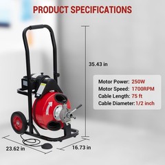 75FT x 1/2″ Cable Electric Drain Cleaner Machine 250W Motor 8 Multi-Style Cutter