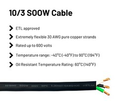 WindyNation 10/3 10 AWG 3 Conductor SOOW SO Cable Cord Wire 600V Portable Power