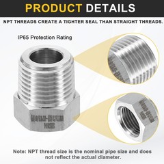 2 x 304 Stainless Steel Reducer Hex Bushing 1/2″ NPT Male to 3/8″ NPT Female