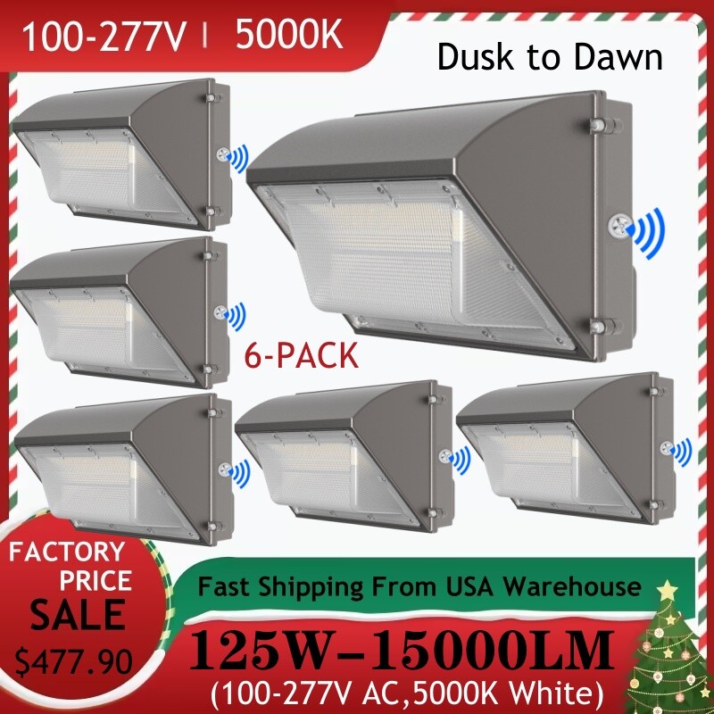 6 Pack 125W LED Wall Pack Light with Dusk-to-Dawn, Commercial Security Lighting