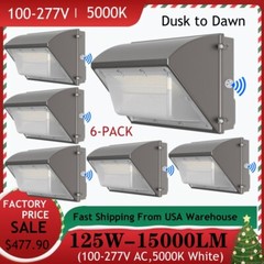 6 Pack 125W LED Wall Pack Light with Dusk-to-Dawn, Commercial Security Lighting