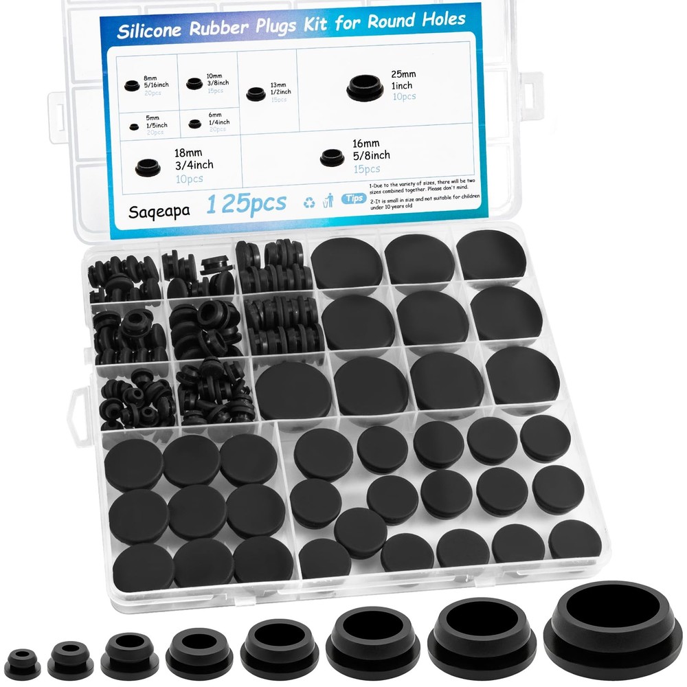 125 Premium Black Rubber Plugs for Round Holes – Assorted Sizes, Car & Furniture