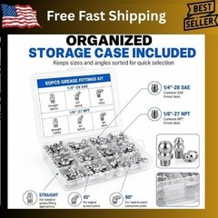 Metric Grease Fittings Kit, 60 Pcs Hydraulic Grease Zerk Assortment Kit