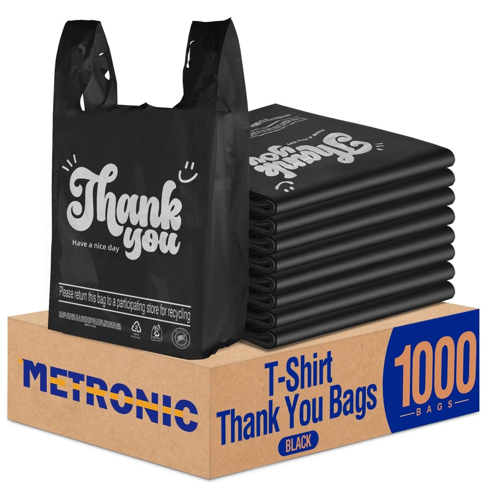1000 Count Black Thank You T-shirt Bags with Handle, 11.5″ x 6.5″ x 21″ Plast…