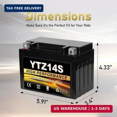 YTZ14S 12V 11.2Ah AGM Sealed Motorcycle Battery, Maintenance-Free, Compatible wi