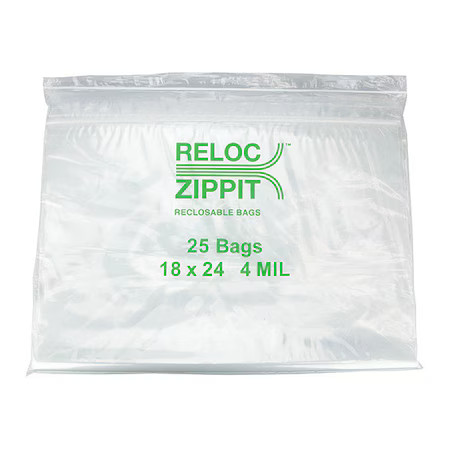 Reloc Zippit 4R1824 Reclosable Bag, Zip Seal, 24 In L, 18 In W, 4 Mil Thick,