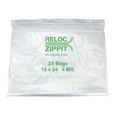 Reloc Zippit 4R1824 Reclosable Bag, Zip Seal, 24 In L, 18 In W, 4 Mil Thick,