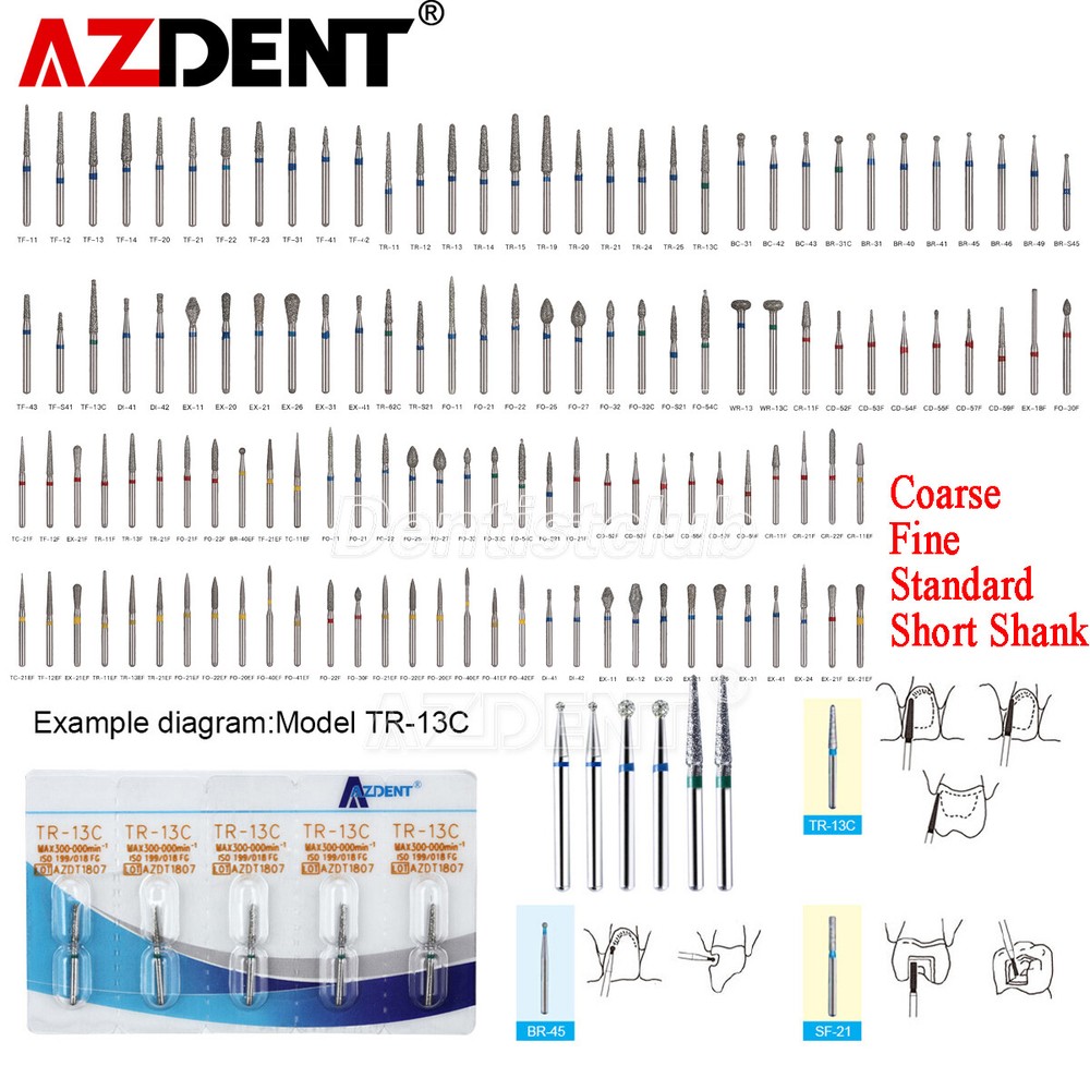 AZDENT Dental FG Diamond Burs Coarse/Fine/Short Shank for High Speed Handpiece