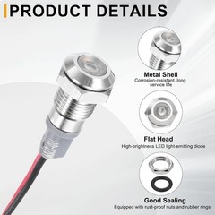 5 Pcs 8mm Nickel-Plated LED Indicator Light with 150mm Cable for 110V-220V