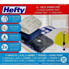 Hefty 12 Piece Shrink-Pak Combo, 11 Bags(4L, 4XL, 2 Jumbo, 1 Travel) + Hand Pump