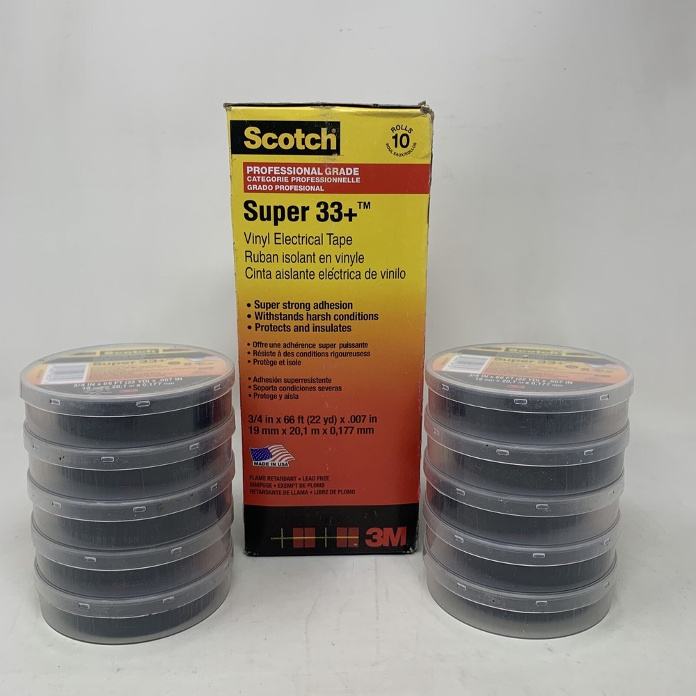 3M Scotch Electrical Tape Super 33+- Black, 3/4″ X 66′, Lot of 10 Rolls NEW!