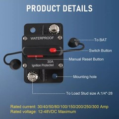 2 pcs 30A Circuit Breaker Resettable 12-48V DC Manual Reset w/Copper Wire Lugs