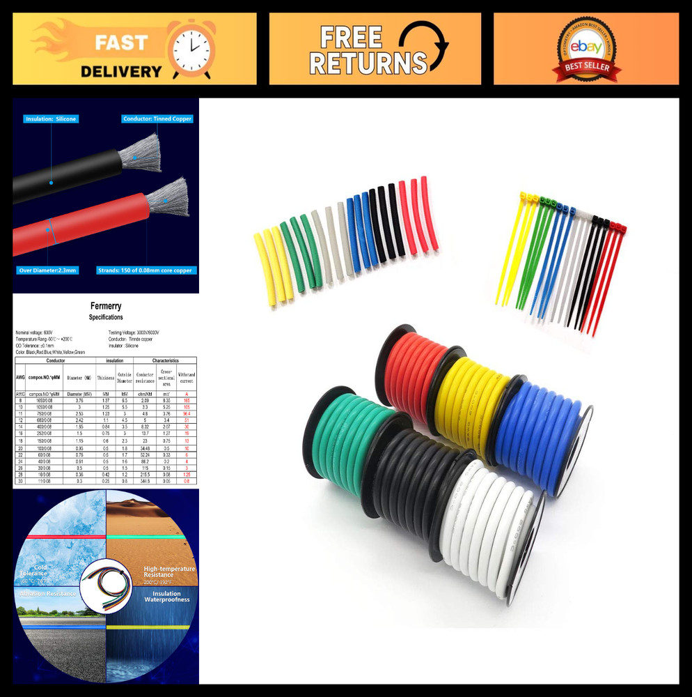 18 AWG Stranded Silicone Wire Kit – 50ft Spools, 6 Colors, Flexible Tinned Coppe