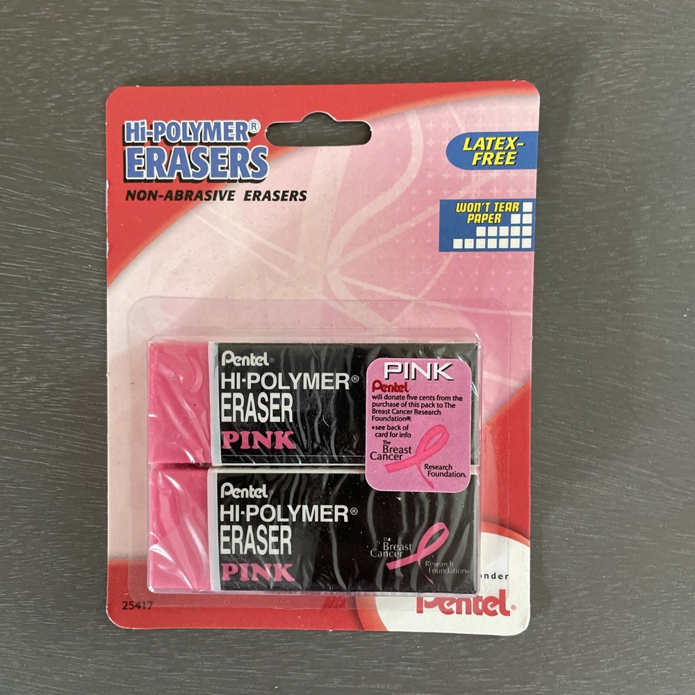 Pentel Hi-Polymer Erasers Pink 2 Pack Non-Abrasive /Latex Free – New