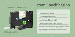 1PK Satin Ribbon Gold on White Compatible with Brother P-Touch Tze TZ-R234 12MM
