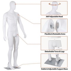 Male Mannequin Dress Form 73″ Adjustable Stand w/Base White Mannequin Full Body