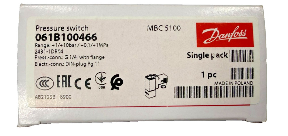 Danfoss 061B100466 MBC5100 2431-1DB04 Pressure Switch 1 to 10 bar flange