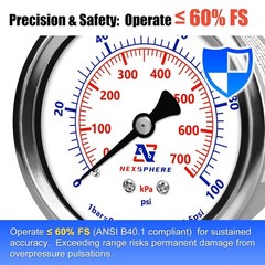0-100 PSI Liquid Filled Pressure Gauge 1/4 NPT 2.5 Dial Stainless Steel