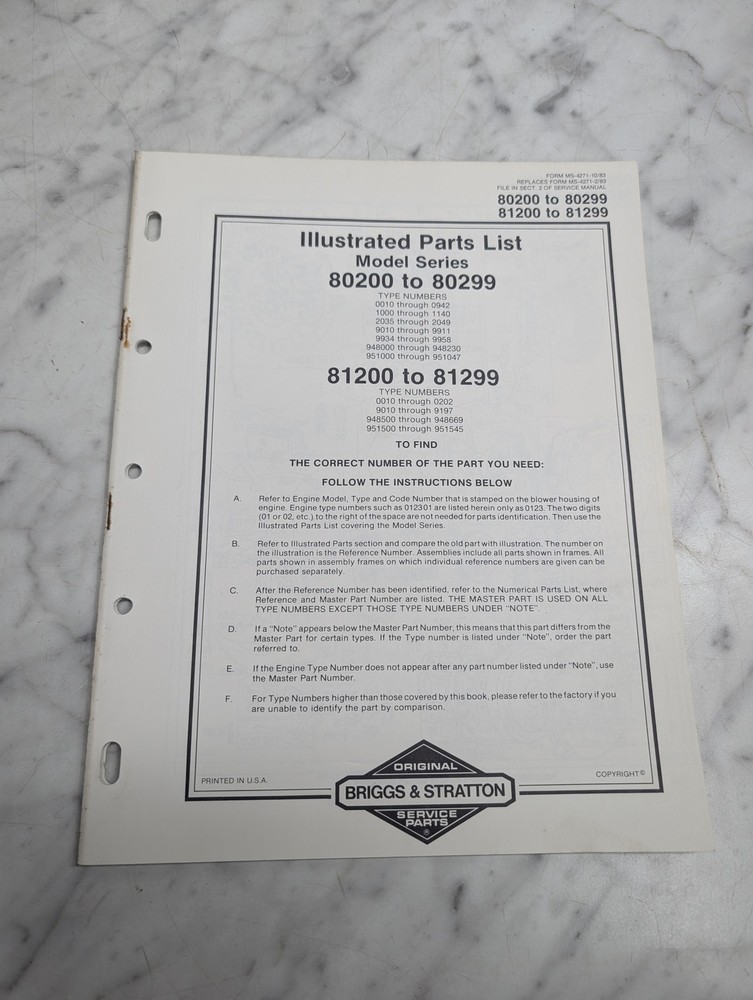 BRIGGS STRATTON 80200 TO 80299 81200 81299 ILLUSTRATED PARTS LIST MANUAL 1983