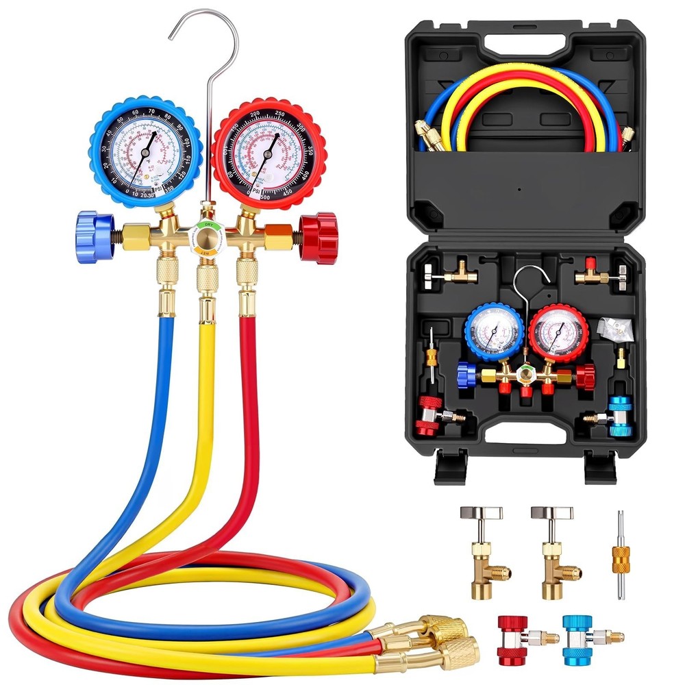 AC Manifold Gauge Set A/C Refrigeration 3 Way Hose Fit For R502 R134a R12 R22