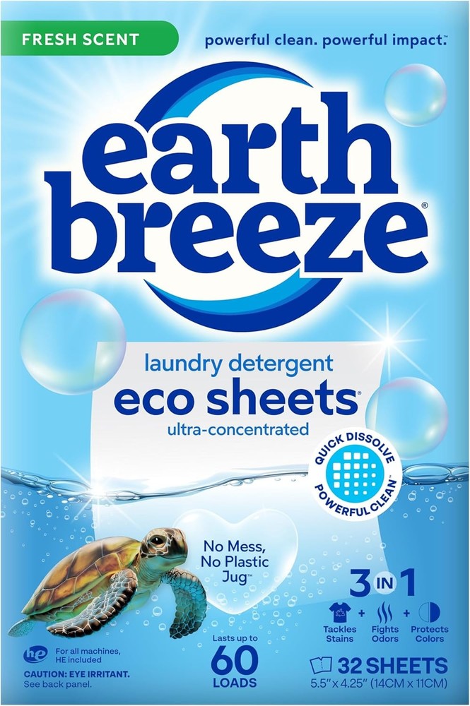 60 Loads Earth Breeze Laundry Detergent Sheets Fresh Scent Liquidless Soap 3in1