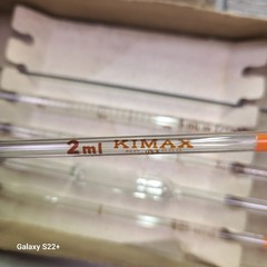 6 pc KIMAX Fisher NO. 3700 USA 2mL Reusable Volumetric Glass Pipette Pipet TD/TC