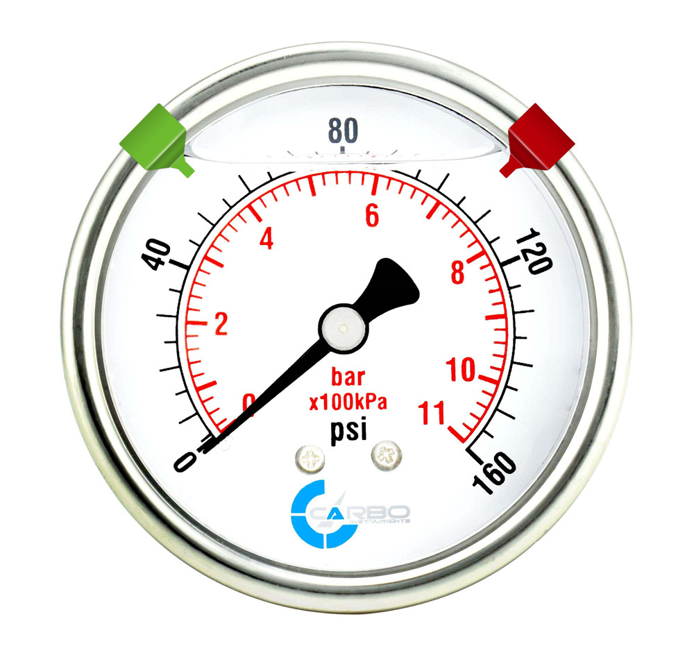 2-1/2″ Pressure Gauge, Stainless Steel Case, Liquid Filled, Back Mnt 0-160 PSI