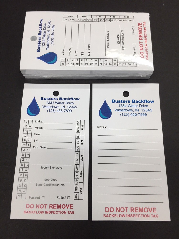 Backflow Inspection Tags – Custom Print – Waterproof – UV Resistant (Pkg of 100)