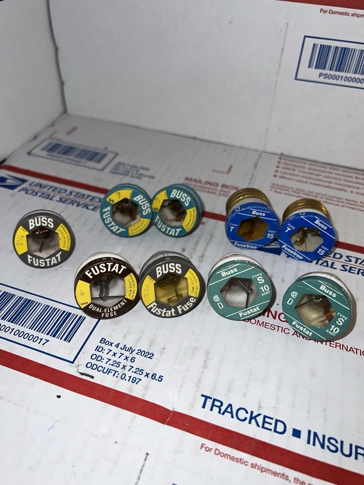 LOT OF 9 BUSS FUSTAT DUAL-ELEMENT FUSES 2-1/4A 3-2/10A 6A 7A 10A 15A *NEW NB*