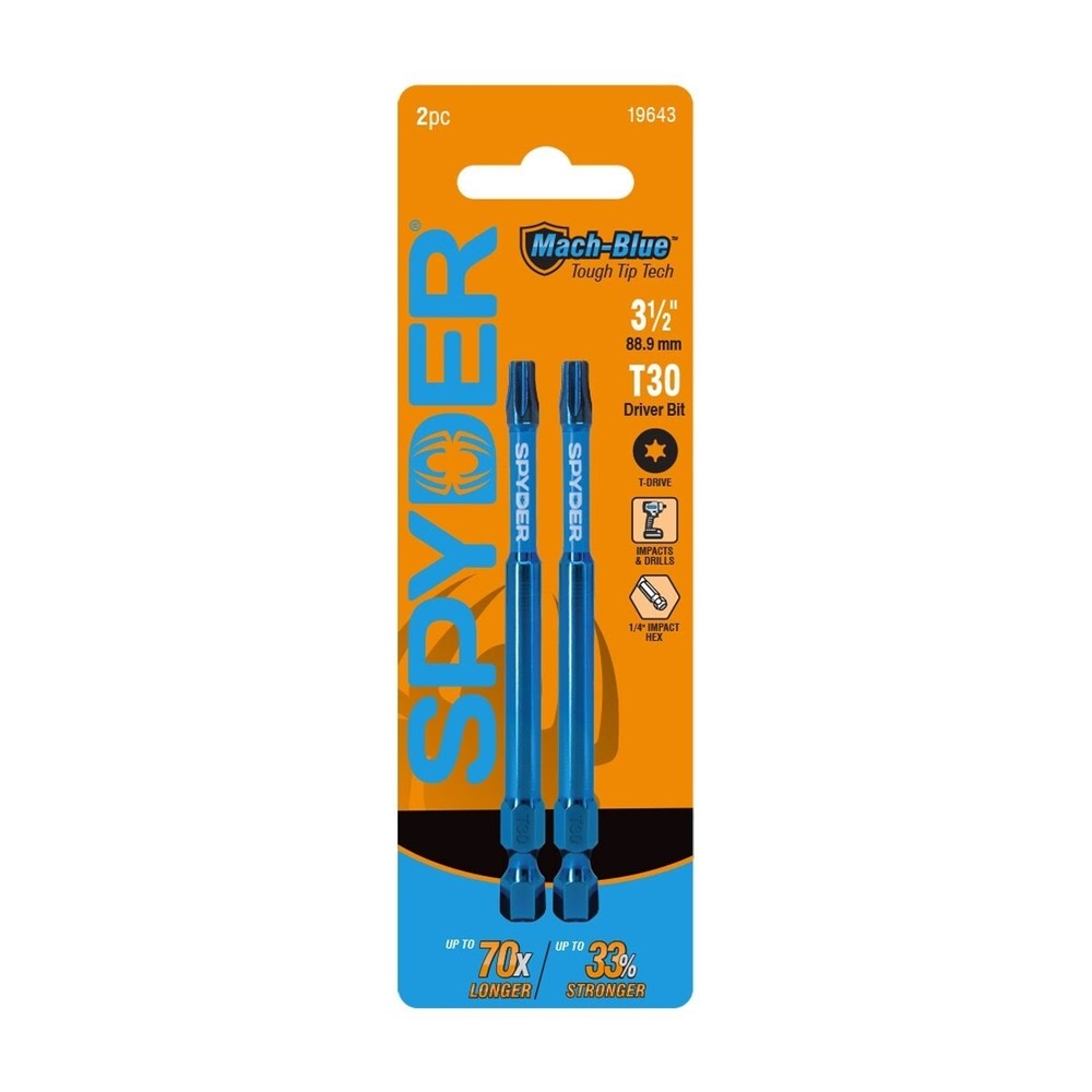 Spyder 19643 T30 x 3-1/2 in Mach-Blue Impact Rated Torx Driver Bit 2 Pack