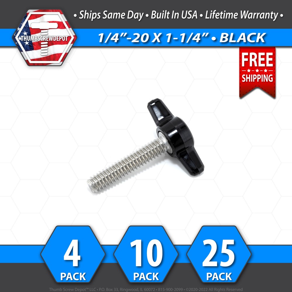 1/4″-20 x 1-1/4″ Thumb Screw Stainless Steel – Black Tee / Wing Knob – USA