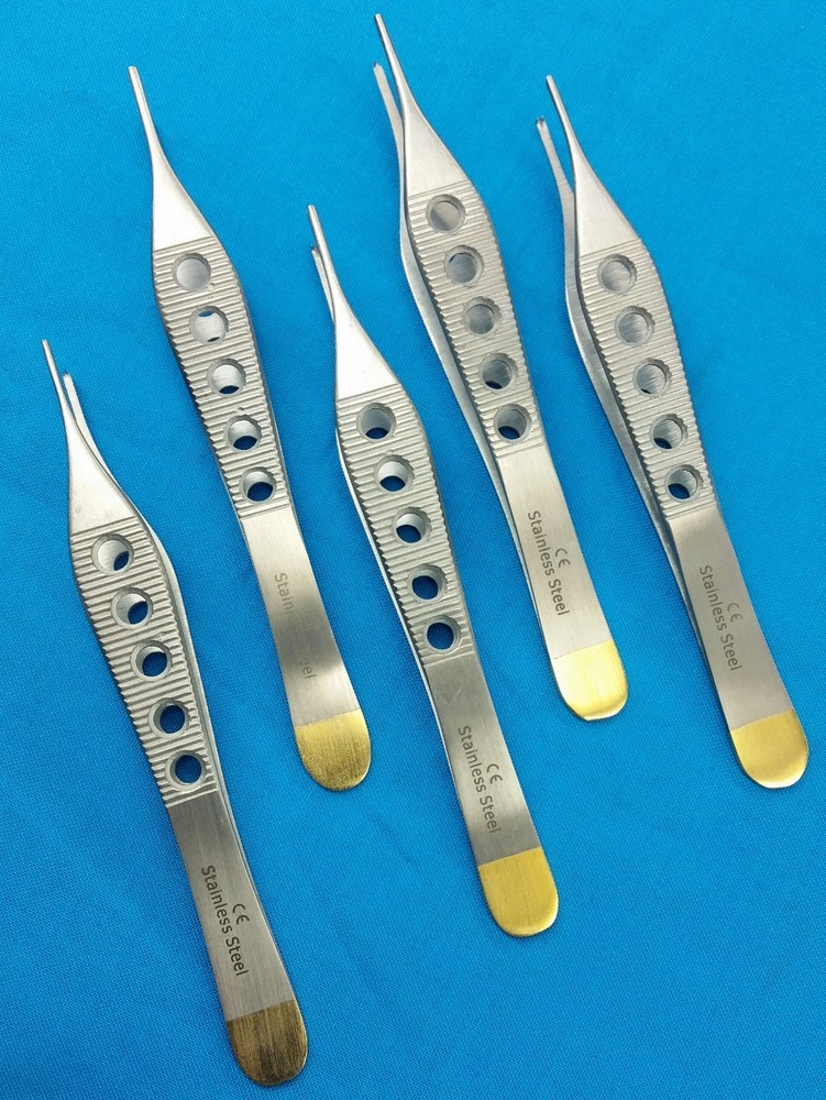 5 PCS ADSON FINE TISSUE PLASTIC SURGERY FORCEP 1X2T W/ FENESTRATED GOLD HANDLE