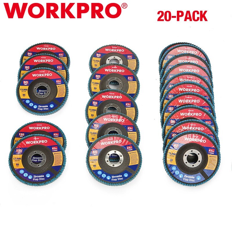 WORKPRO 20PCS 4-1/2″ Flap Disc Arbor Size 7/8″ T29 Zirconia Abrasive Wheel Discs