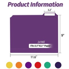 Plastic File Folders with Tabs, 6 Pack Colored Plastic Folders, 1/3 Cut Tabs