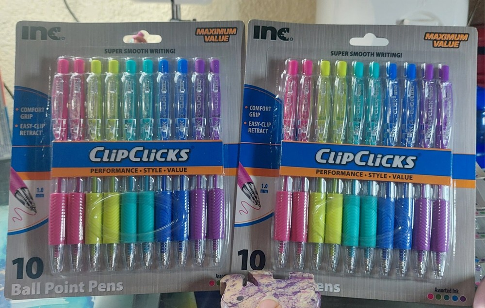 (Lot Of 2) Clip Clicks Ball Point Pens *assorted Colors* 10 Count Each