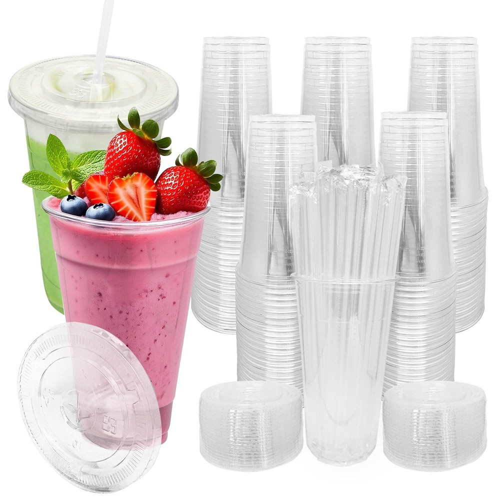 100 Sets 32 oz Clear Plastic Cups Lids Straws Iced Coffee Smoothies Juices