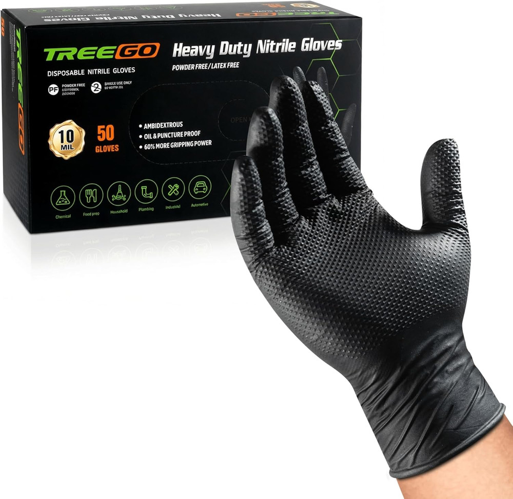10 Mil Heavy Duty Black Nitrile Mechanic Gloves, 50 Count XL | Diamond Grip, Lat