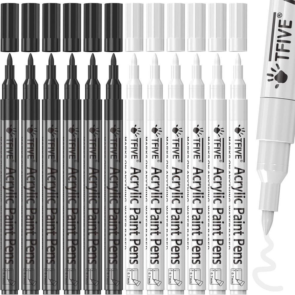 6 White & 6 Black Acrylic Paint Pens, Extra Fine Paint Markers – 0.7mm Extra
