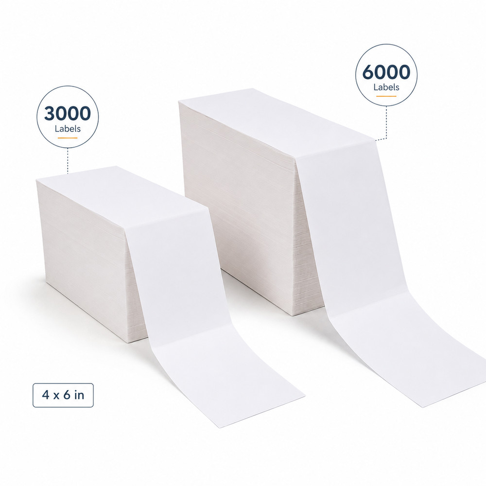 4×6 inch Fanfold Direct Thermal Labels, White – 3000 Count