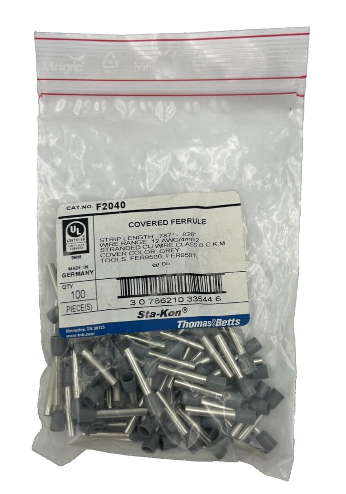 100 PK Sta-Kon F2040 787″-826″ Strip Length, 12AWG/4mm2 Wire Range Ferrule